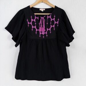 Knox Rose Top Blouse Womens Small Black Purple Embroidered Cotton Peasant Boho